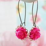 Bright Pink Rose Flower Earrings